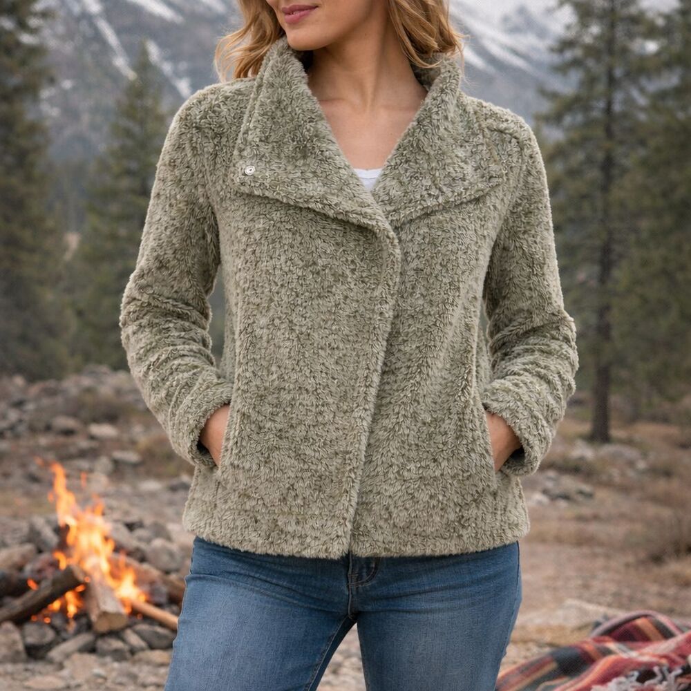 Dylan Plush Teddy Jacket Sage Green Cozy Snap Front Faux Shearling